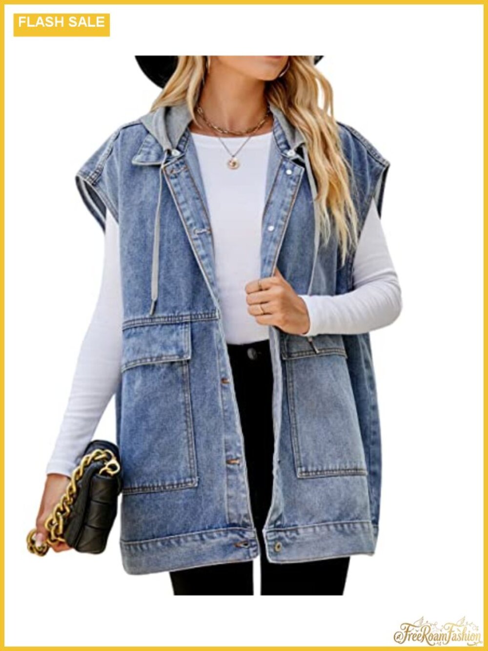 Oversized Denim Vest Sleeveless Distressed Jean Vest with Pockets Casual